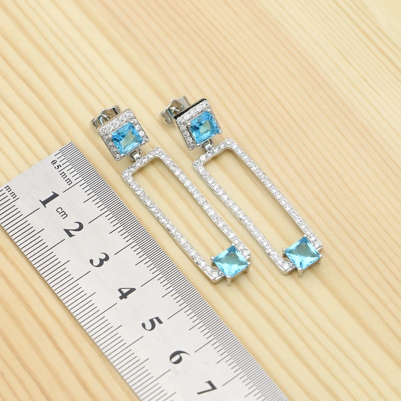 Braut Schmuck Sets Für Frauen Sky Blue Zirkonia Quadrat Ohrringe Anhänger Ring Halskette 925 Silber Schmuck Set