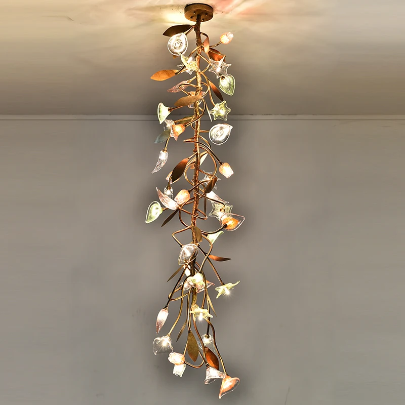 

ODYSEN ART DECO Chandelier for Staircase Villa Hallway Long Led Copper Creative Lobby Loft Light Flower Glass Lamp Large House