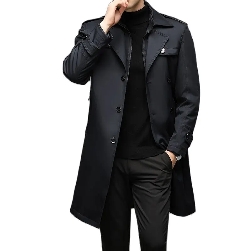 New Trench Coat Men Long Liner Detachable Smart Casual Windbreakers Mens Long Jackets Solid Color Turn Down Collar Trench Coat