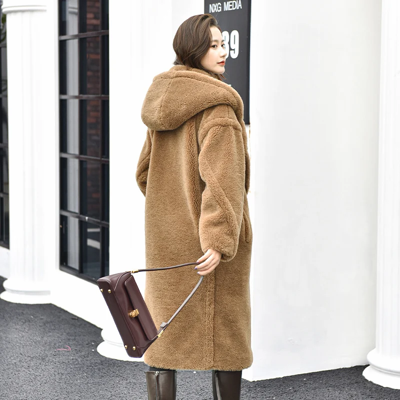 2021 New Teddy Style New Oversize Real Lamb Fur Coat Women Fur Winter Natural Genuine Wool Sheep Fur Long Coats Hooded Jackets