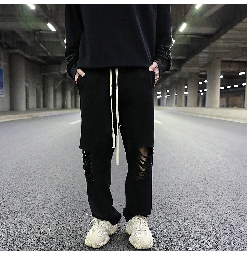 

Dark wind hole knife cut straight loose terry draping guard pants hip-hop black all-match cotton casual pants men