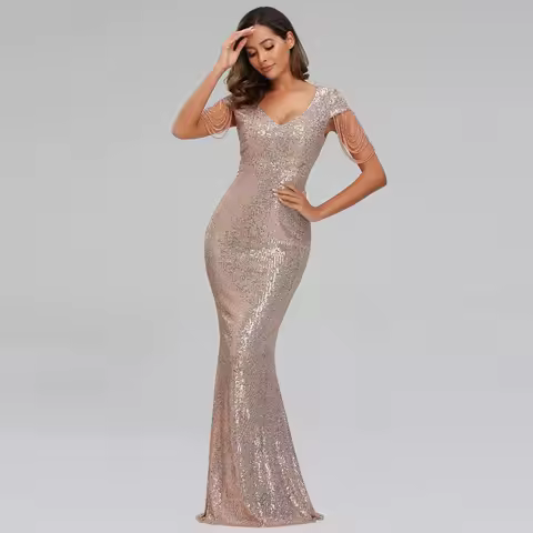 YIDINGZS 2022 New Women Sequin Evening Dress Elegant V Neck Beaded Party Bodycon Maxi Dress