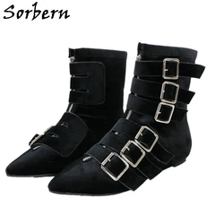 Sorbern Black Velvet Pointy Toe Boots Women Flat Heeled Cuban Ladies Booties Prvite Orders Western Boots Multi Buckle Straps