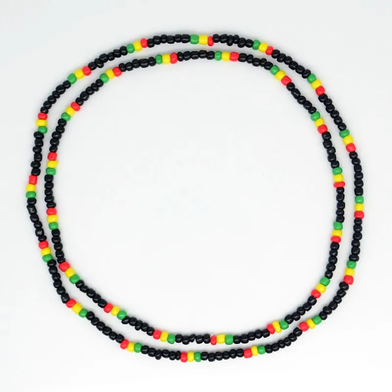 10x Red Yellow Green Rasta Reggae Punk Hiphop Elastic Stretch Necklace Glass Seed Beads Black Africa Fashion Jewelry