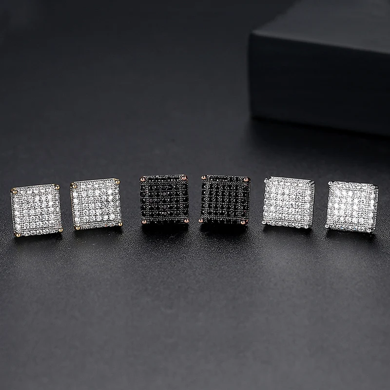 White/Black CZ Stone Paved Bling Iced Out Geometric Square Stud Earrings for Women Men Hip Hop Rappy Jewelry Drop Shipping