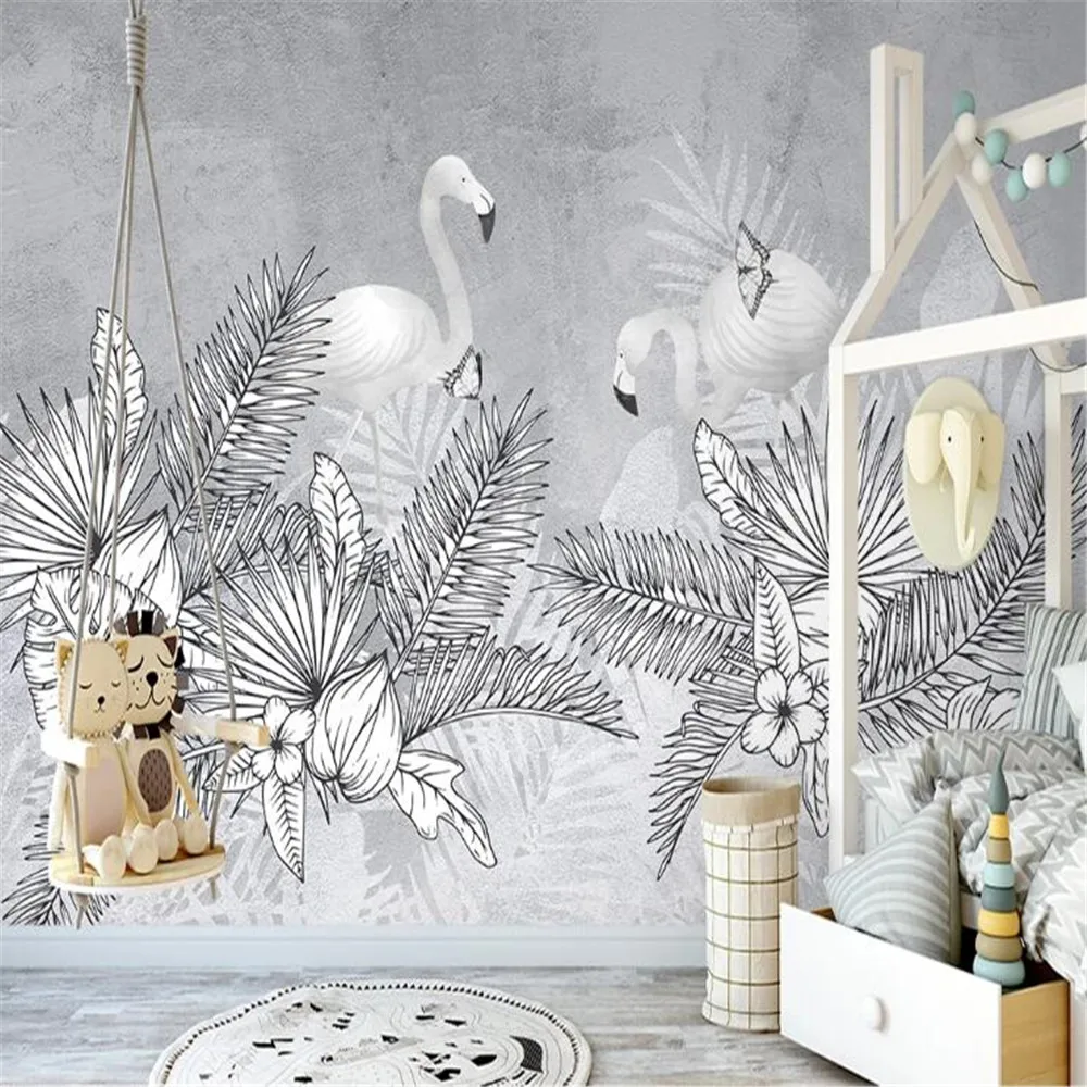 

Milofi custom 3D wallpaper mural hand-painted Nordic plants flamingo retro flowers and birds palm tree background wall