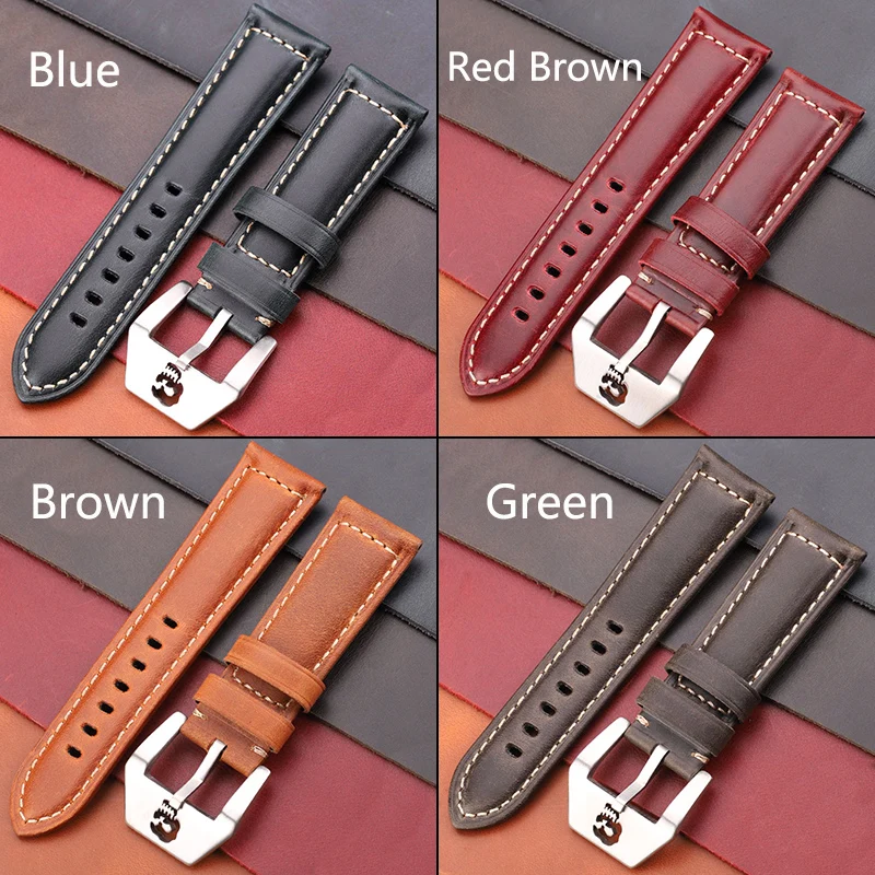 Vintage Watchbands 22mm 24mm 26mm Cow Leather Watch Strap Band Red Blue Green Brown With Skeleton Pin Buckle