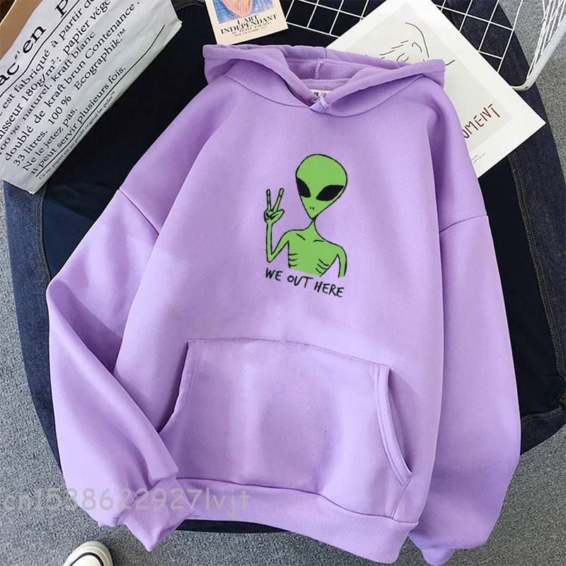 

Alien WE OUT HERE Print Oversized Sweatshirt Women Kawaii Hoodies Clothes Hoody Jacket Long Sleeve Harajuku Aesthetic tops