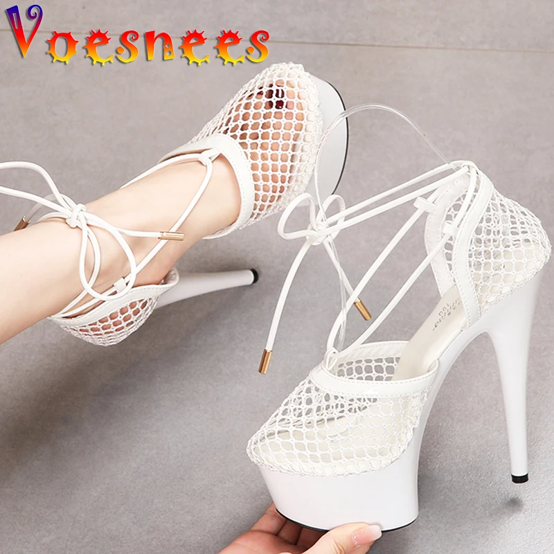 15CM Super High Heel Sandals Hollow Mesh Lace-Up Women Shoes Sexy Waterproof Platform Steel Pipe Thin High Heel Female Sandals