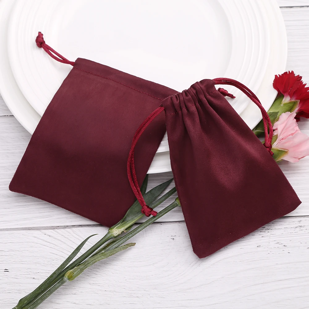 

Wine Red Flannel Gift Bags Small Business Wholesale Jewelry Drawstring Packaging Pouches Luxury Wedding Party Goodie Small bag