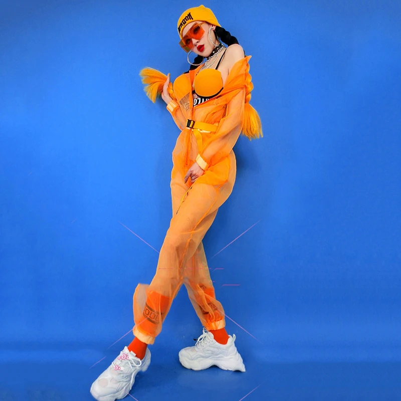 Hip Hop Performance Costume Female Nightclub Bar Dj Bikini Fluorescent Color See-Through Jumpsuit Jazz Dance Clothes  DNV13591