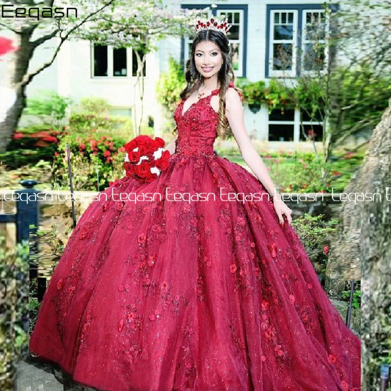 2024 Burgunder Quince anera Kleider Ballkleid Prinzessin Ballkleid mit Blumen geschwollen süß 16 Kleid Vestidos de 15 Anos