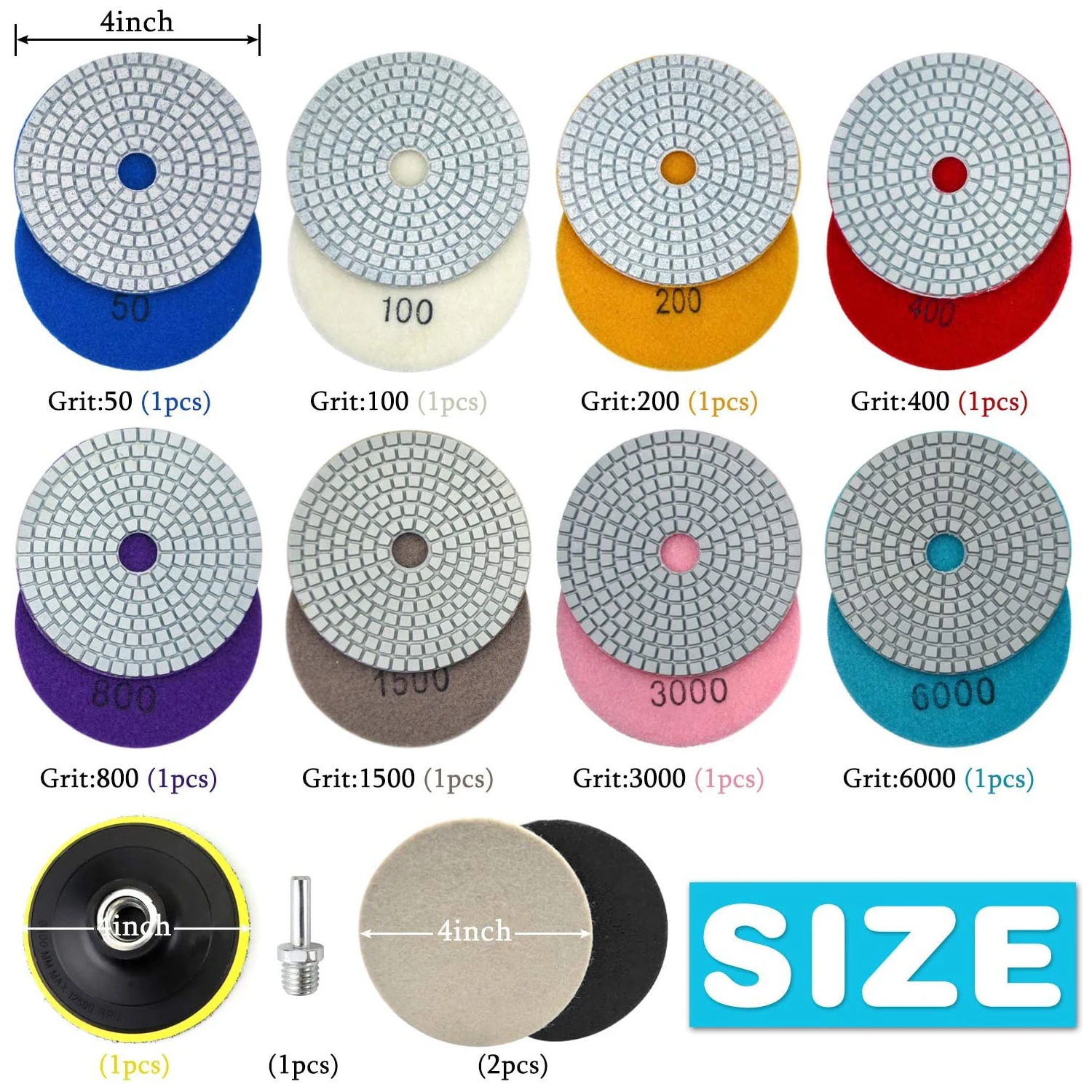 4 Inch Diamond Polishing Pads with 5/8’’-11 Backer Pad 12PCS Wet/Dry Granite Stone Polish Pad Kit 50-6000 Grit Polishing Discs