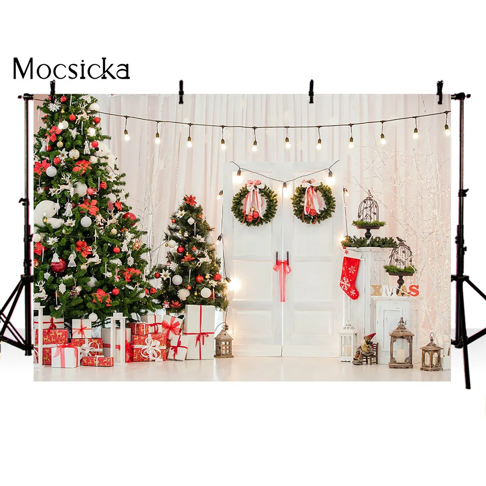 Christmas Tree Children Baby Portrait Backdrop for Photography White Door X-mas Holiday Living Room Decoration Supplies Banner