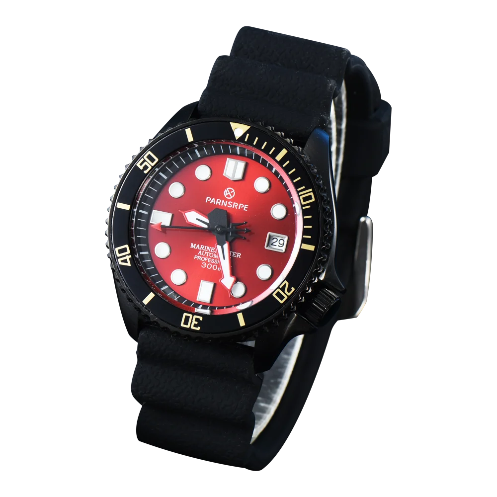 PARNSRPE Diver Men\'s Watch Red Dial Sapphire Glass Japan NH35 Movement  Date Indicator Rubber Strap