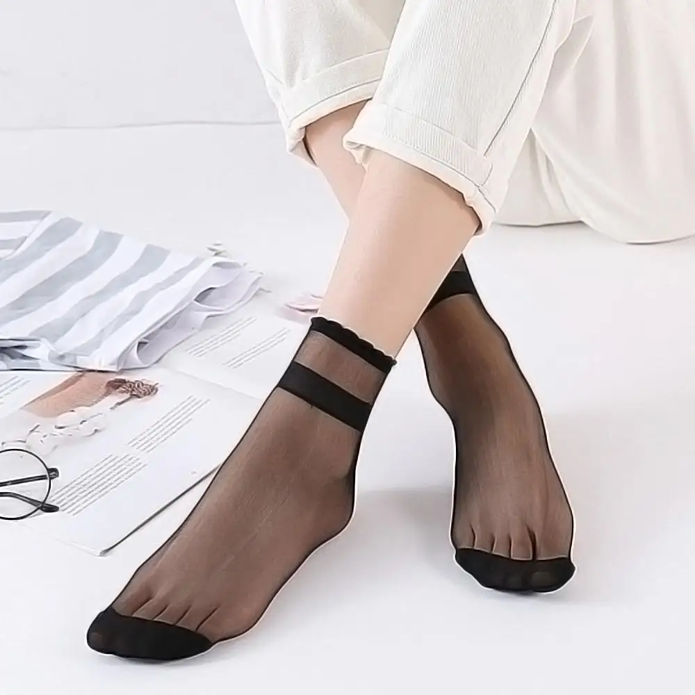 5 Pairs Women Lace Socks 2020 Newly Summer Crystal Silk Ankle Sock Glass Black White Sexy Transparent Socks For Ladies Girls