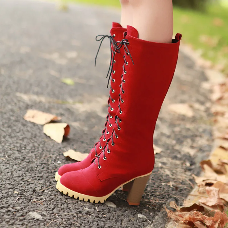 YMECHIC Autumn Britain Cross Tied Lace Up Long Gladiator Boots Women Red Black Block High Heels Motorcycle Biker Boots Shoes 40