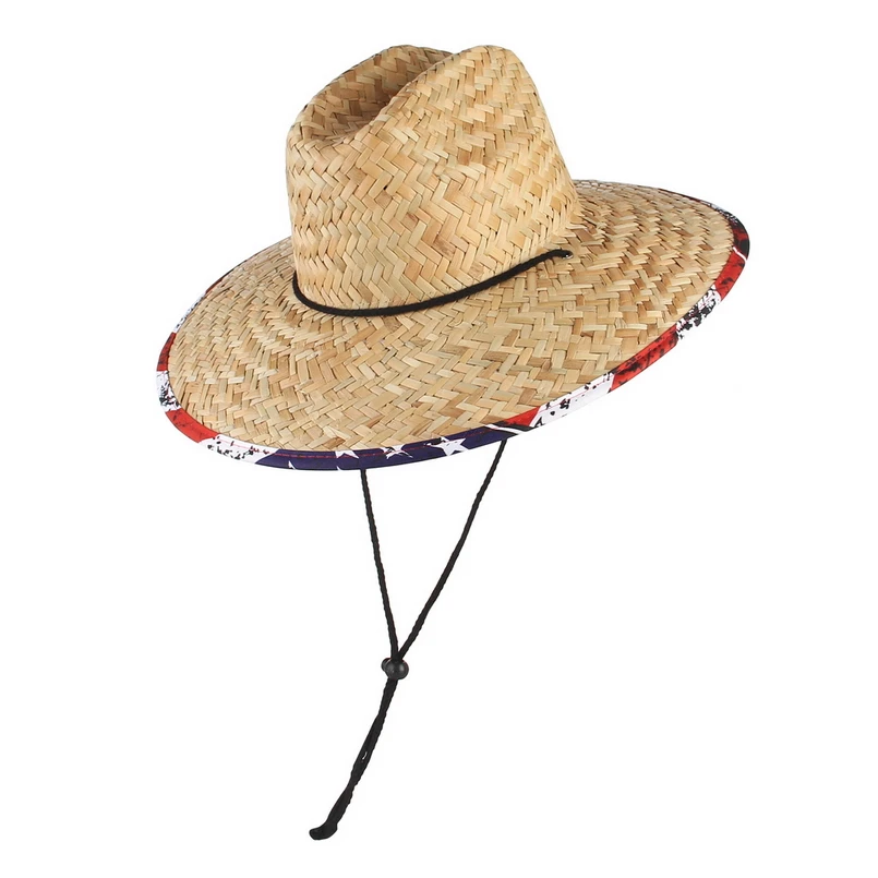 GEMVIE Wide Brim Flag Lifeguard Straw Safari Hat For Men Women Summer Sun Hat with Chin Cord