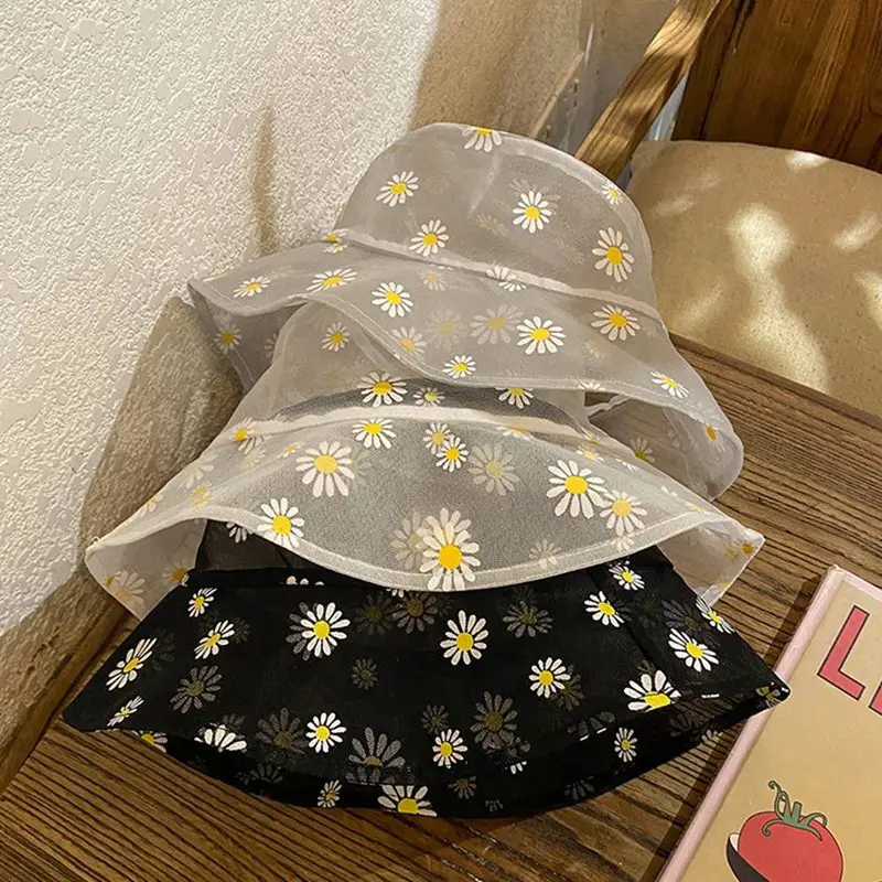 Daisies Embroidered Buckets Hat Women Transparent Lace Flower Beach Panama Hats High Top Snapback Fashion Daisy Sun Cap Summer