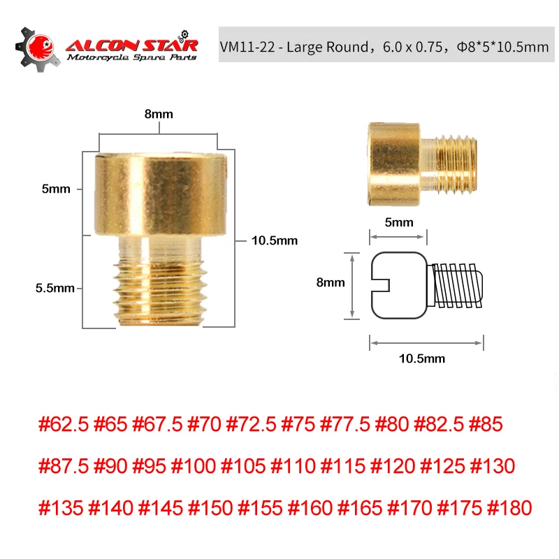 Alconstar- 10 Pcs Mikuni VM11/22 Large Round Motorcycle Carburetor Carb Main Jet Main Nozzle VM11 VM16 VM22 Size #62.5 - #180