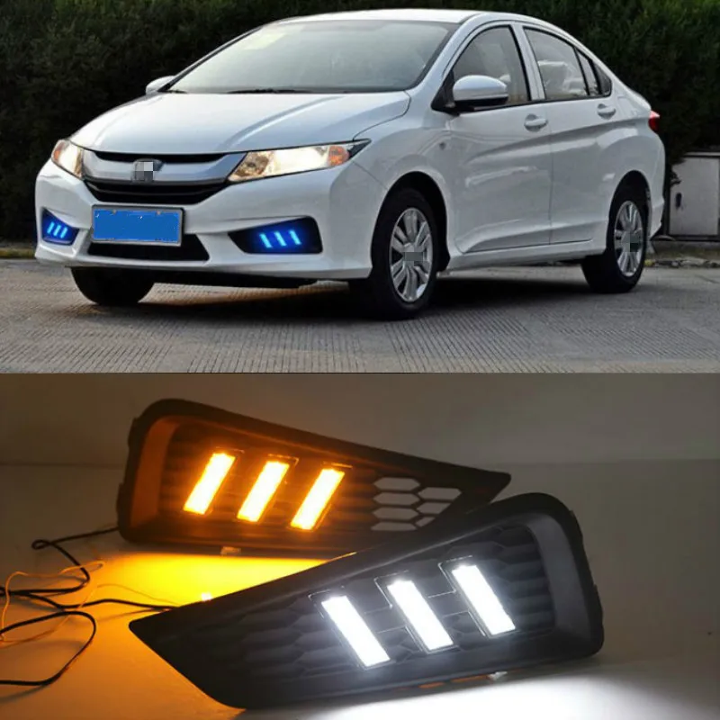 1 Set DRL Daytime Running Lights Daylight 12V ABS Fog Lamp Cover With Turn Yellow Signal Light For Honda City 2015 2016