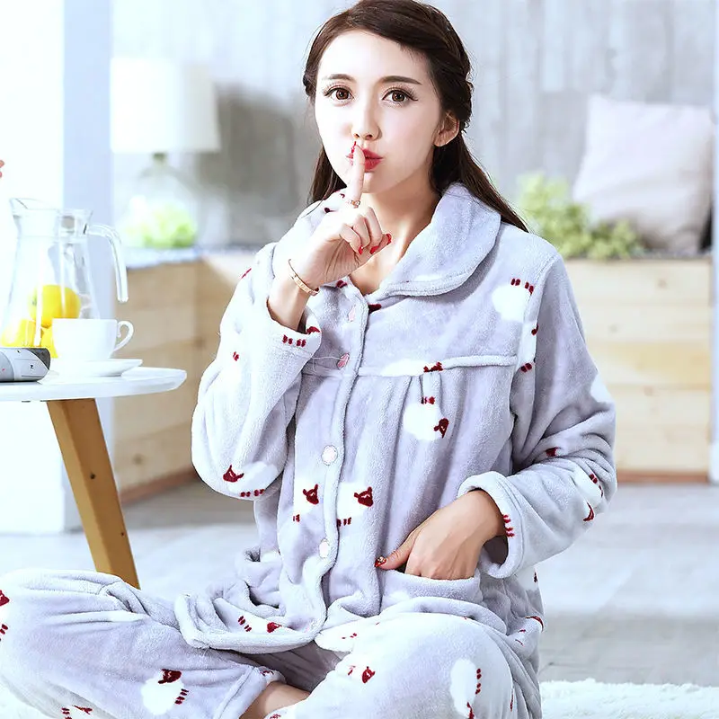 Dicke Herbst Winter Warme Flanell Frauen Pyjamas Sets Langarm Pijama Nachtwäsche Flanell Frauen Pyjamas Set Hause Tragen