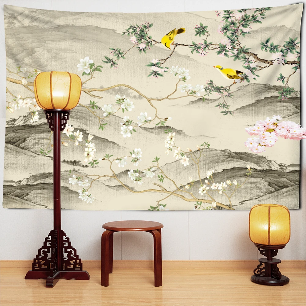 Chinese Style Flower Bird Print Large Wall Tapestry Peach Blossom Plum Blossom Wall Hanging Art Carpet Bohemian Mandala Tapestry