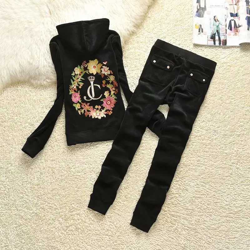 Juicy Lovers Brand Flower Hot Stamping Velvet Women Sporting Suits Outdoor Jogging Tracksuits Hooded Collar Sportswear suit