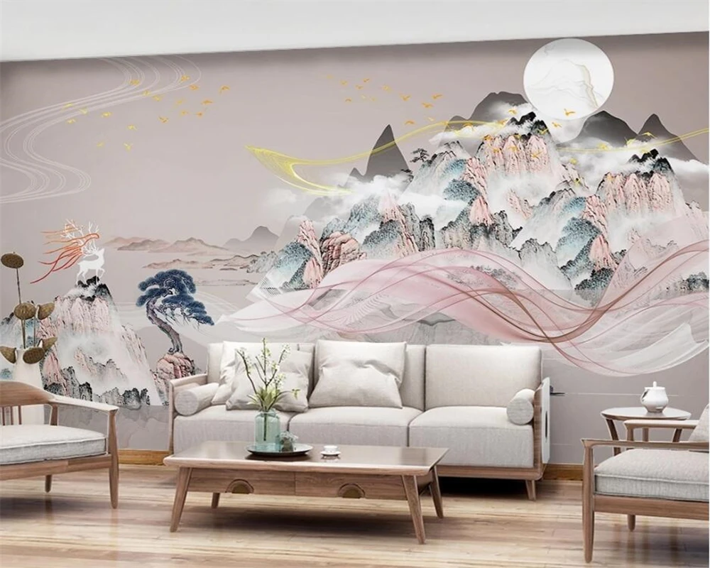 beibehang Customized modern new Chinese style abstract geometric golden lines mountain peak elk TV background wallpaper