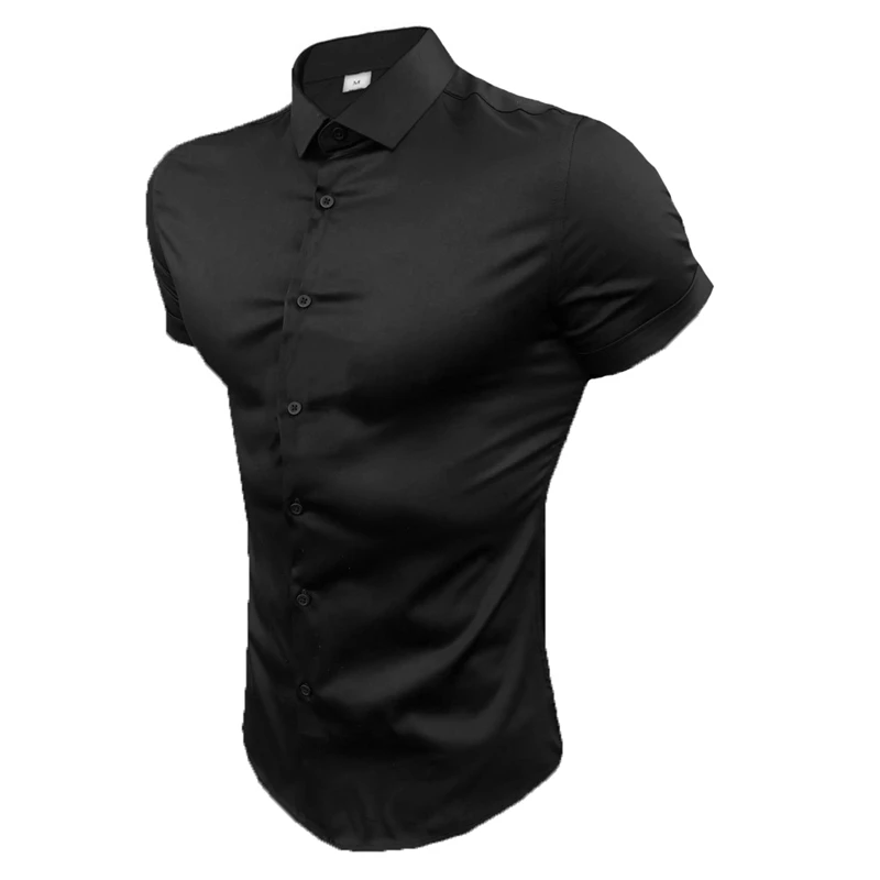 Summer Fashion Man Short Sleeve Shirt Solid Fitness Mens Turn-down Collar Super Slim Fit Business Dress Shirt Button Gym Tops