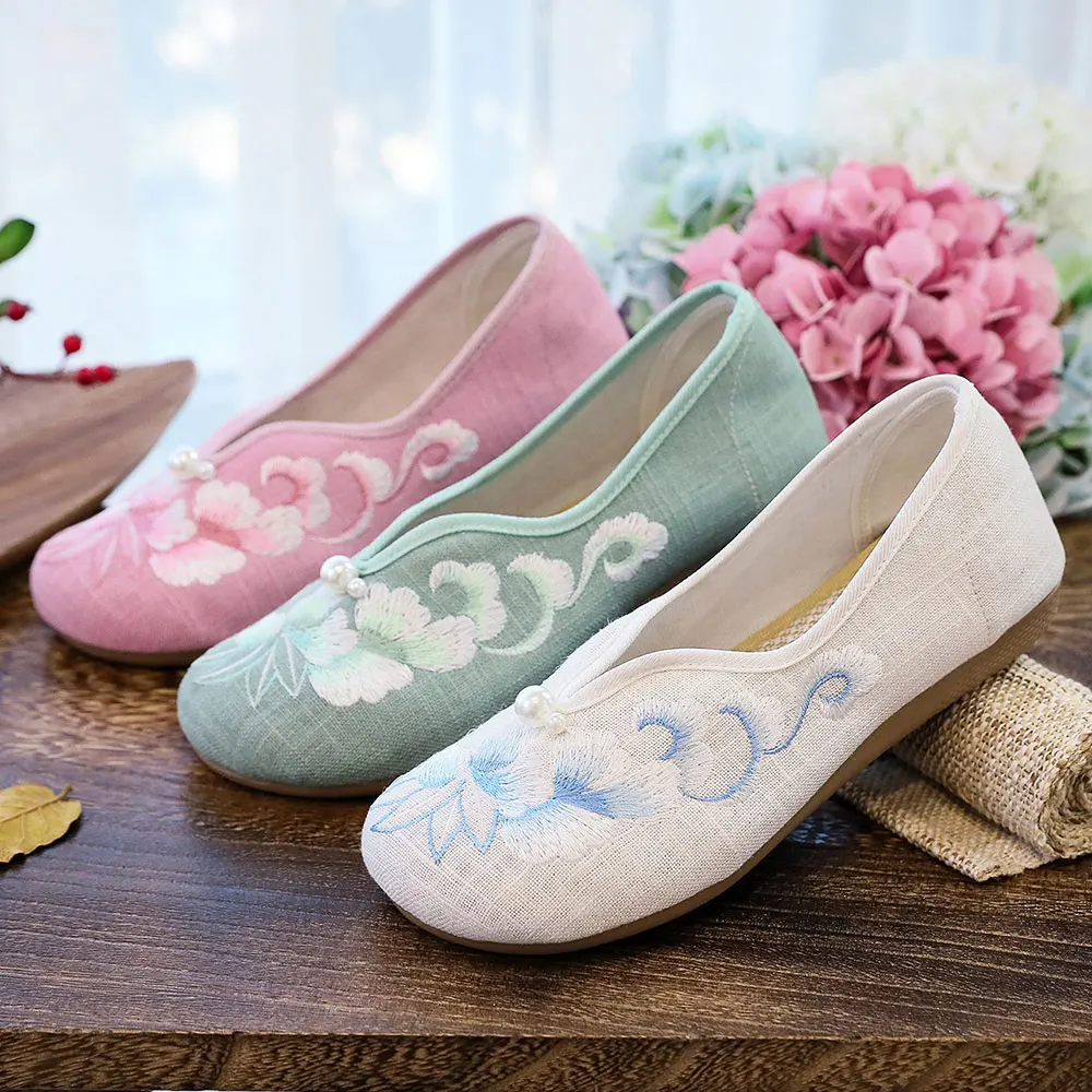 Veowalk  Women Comfortable Cotton Fabric Slip On Ballet Flats Chinese Embroidery Ladies Casual Ballerinas Shoes  Pink Mint White