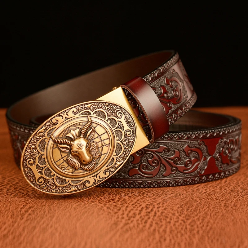 Classical Designer Sheep Head Bucke Belt Genuine Leather Belt for Men