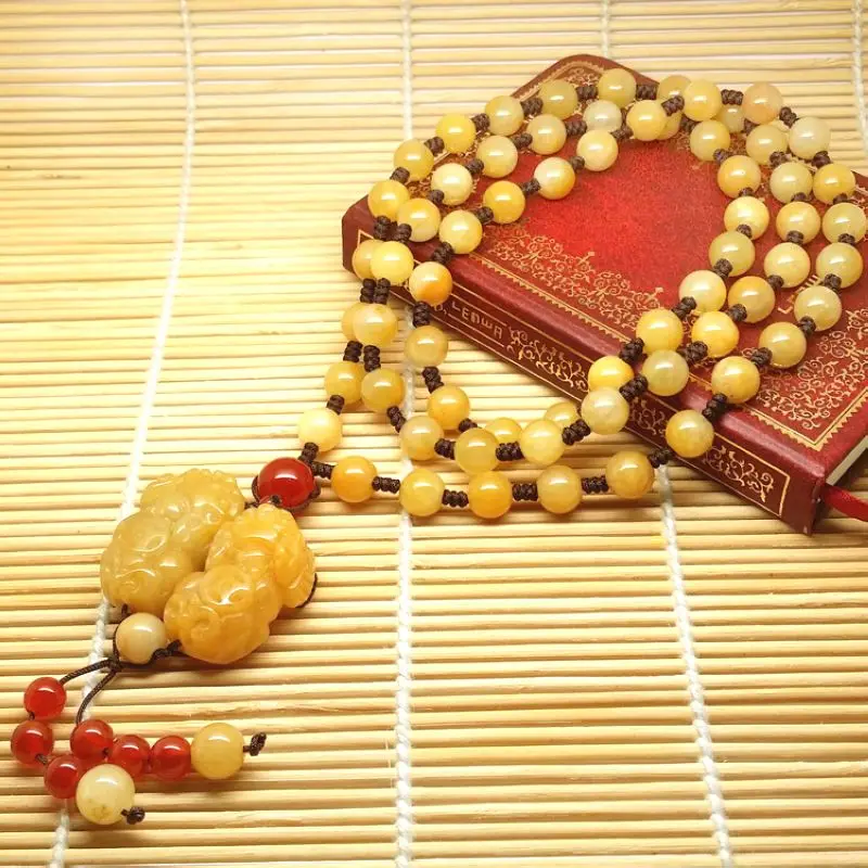 Beautiful two Pi Xiu Pendant Amulet Huang Long  Jade Mala Bead Hanging Necklace accessory