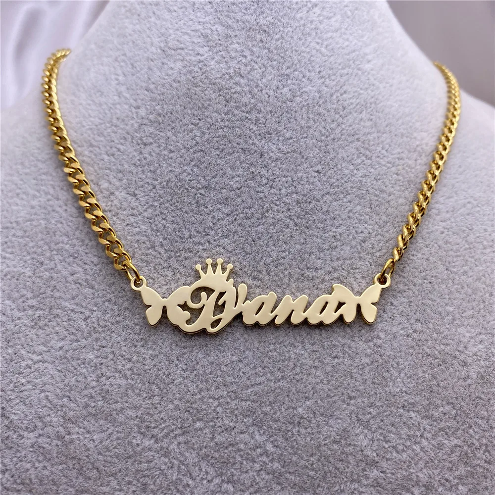 Custom Name Necklace with Butterfly Stainless Steel Cuban Chain Necklace Custom Letter Nameplated with Crown Necklace Jewelry