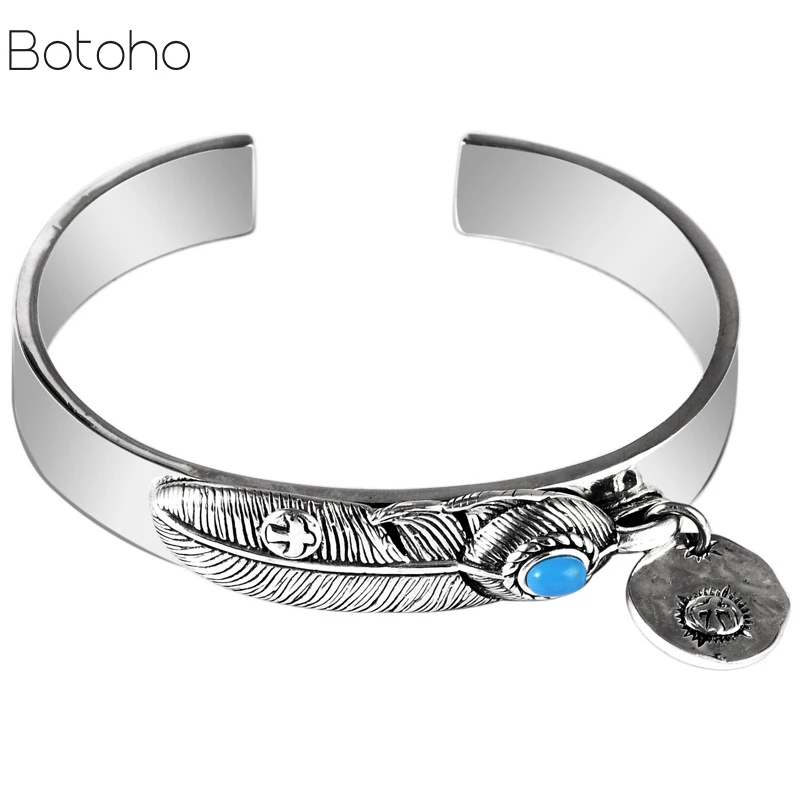 100% 999 Sterling Thai Silver colour Lovers' Bangle Handcraft Feather Turquoise Open Bangles Fine Jewelry Trendy Gift Party