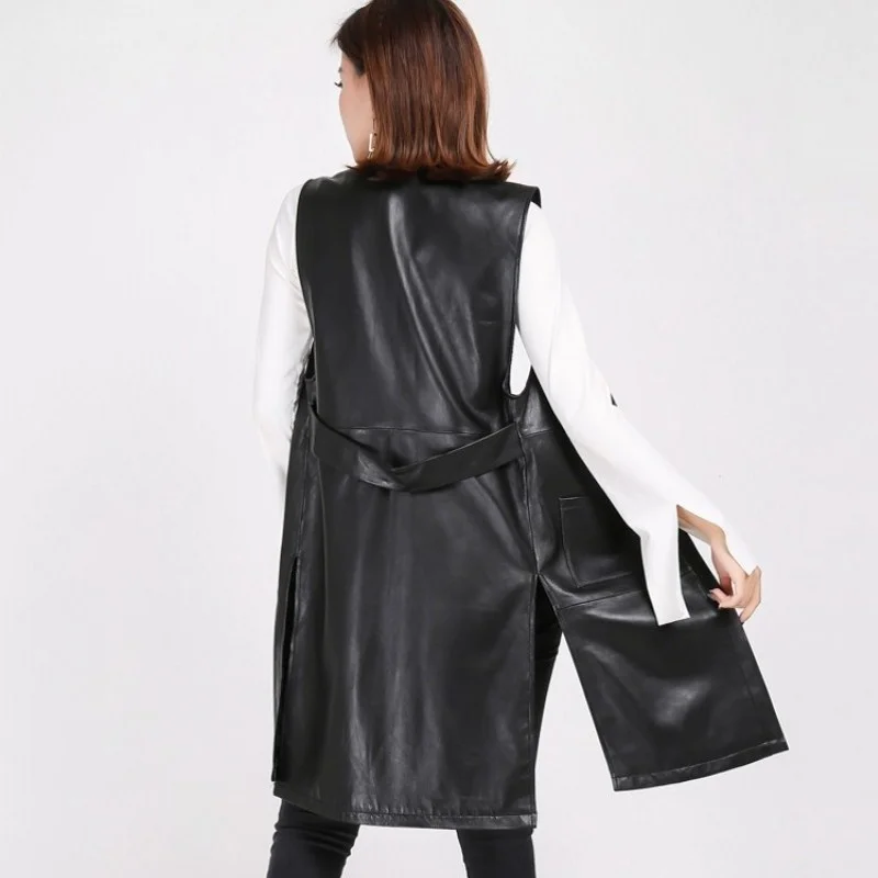 Fashion New Women Long Vest High Quality Real Leather Tops Casual Ladies Sleeveless Outwear Coat Cardigan Sheepskin Waistcoat