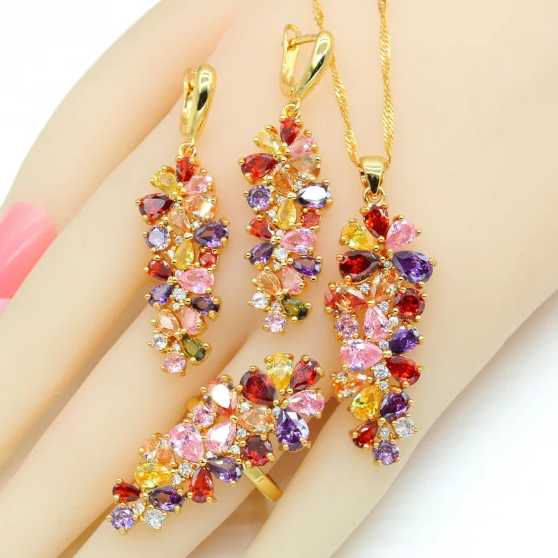 Luxury Multi Color Zirconia Gold Color wedding Jewelry Sets for Women Earrings Necklace Pendant Rings Gift Box