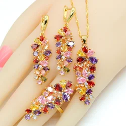 Luxury Multi Color Zirconia Gold Color wedding Jewelry Sets for Women Earrings Necklace Pendant Rings Gift Box