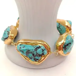 YYGEM 9'' Freeform Nugget Blue Turquoise Yellow Gold color Edge Wrap Bracelet Vintage style For women