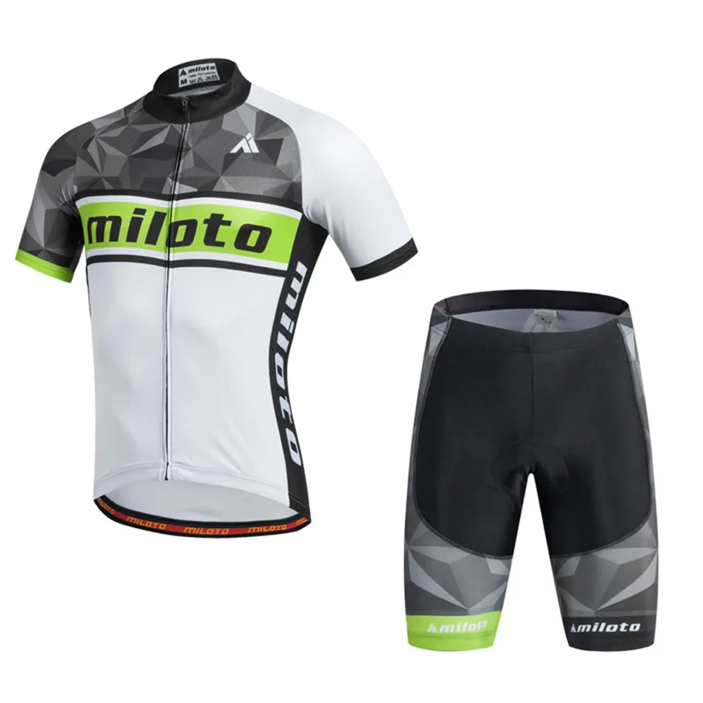 

Miloto Men's Short Sleeve Cycling Jersey with Shorts Summer Silicon Polyester Green Suit Strips Sweat wicking Sports Classic bi