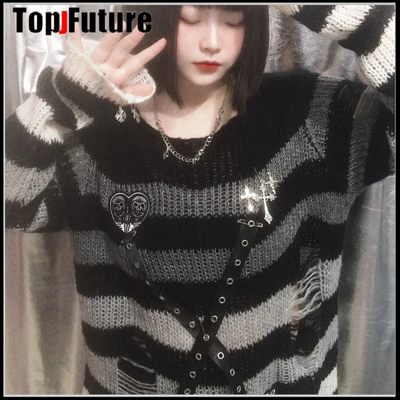 Y2K Women Girl decorat Sweater Gothic Lolita Punk Striped Knitted Sweater Loose Female Harajuku skull chain laziness clothes