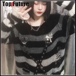 Y2K Women Girl decorat Sweater Gothic Lolita Punk Striped Knitted Sweater Loose Female Harajuku skull chain laziness clothes