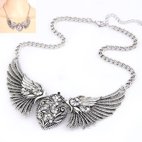 HOT SALES!!! FashionWomen\'s Rhinestone Heart Angel Wings Statement Necklace Jewelry wing heart pendant a lobster clasp Necklace