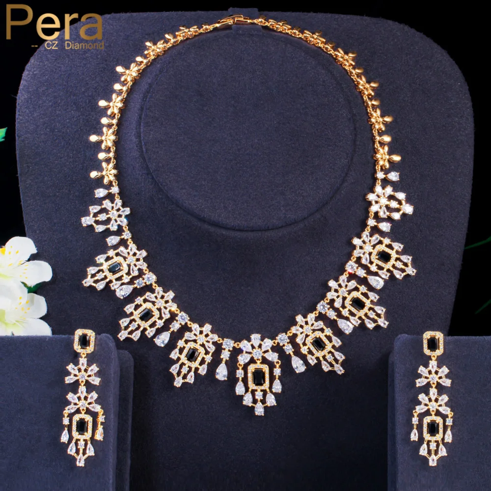 Pera Mysterious Black CZ African Dubai Gold Color Tassel Water Drop Earrings Necklace Bridal Wedding Jewelry Set for Brides J427