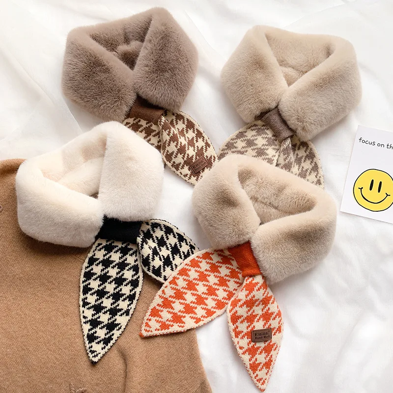 2020 Winter Scarf for Women Wool and Rabit Fur Bandana Knitted Plaid Pied De Poule Warm Collar Luxury Female Neck Wraps