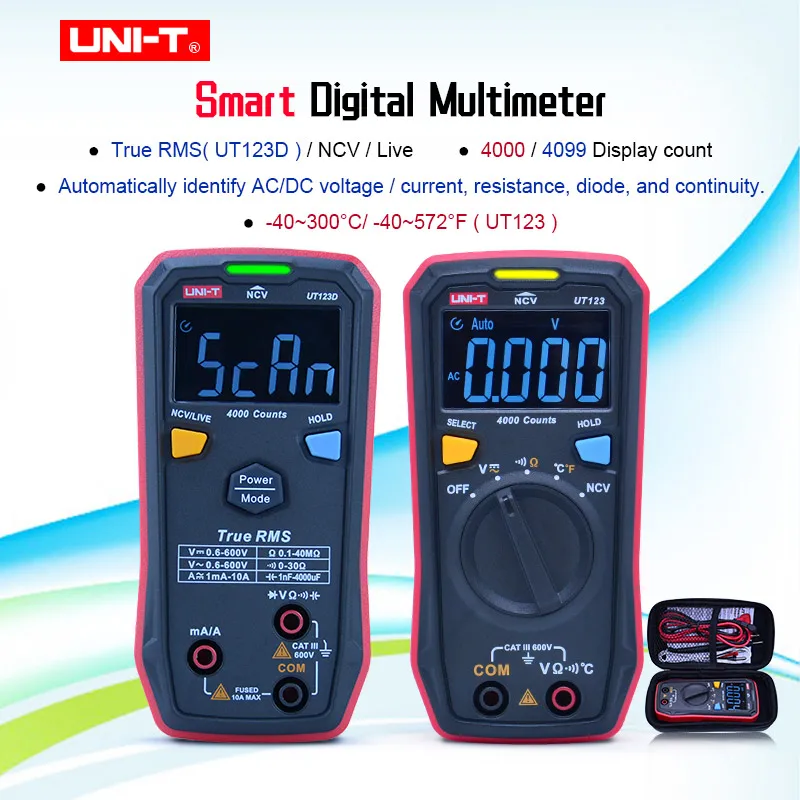 UNI-T Portable Digital Multimeter UT123/123D AC/DC Voltage Current Capacitance 4000uF Temperature/NCV/Live wire Tester