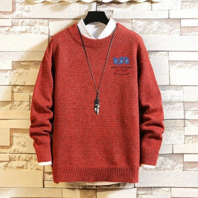 

Winter Autumn Men Round Neck Print Animal Sweater Loose Plus Size Student Long-Sleeve Knitting Tops Thick Fleece Warm Pullover