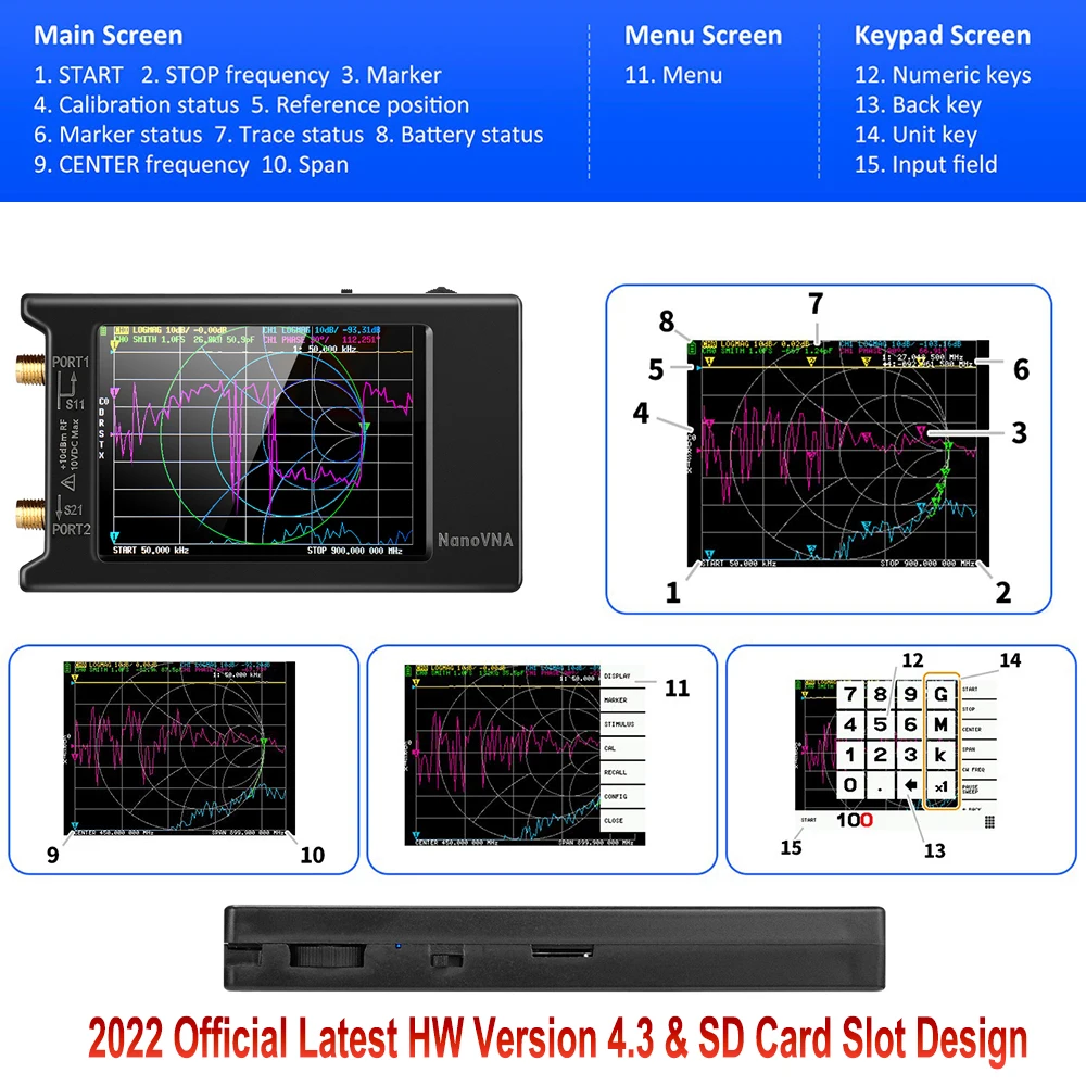 Analisador de rede vetorial com slot para cartão SD, Hugen, 10K-1.5GHz, 4 