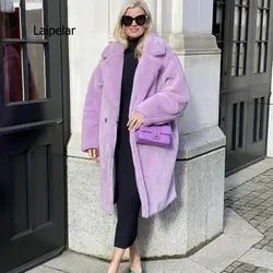 Winter Stylish Notched Collar Hairy Shaggy Faux Fur Long Coat Purple Woman Shearling Fluffy X-Long Jackets Keep Warm Outerwear