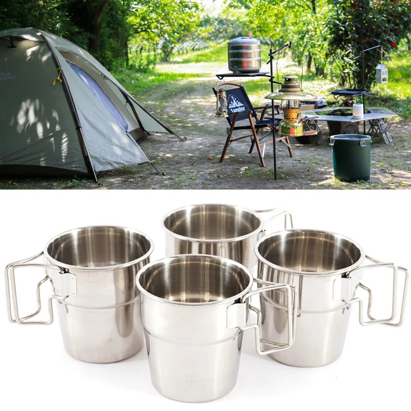 

Outdoor Stainless Steel Cup Foldable Handle 4-piece Set Cup Picnic Barbecue Beer Mug Coffee Cup Mountaineering Cup Spot